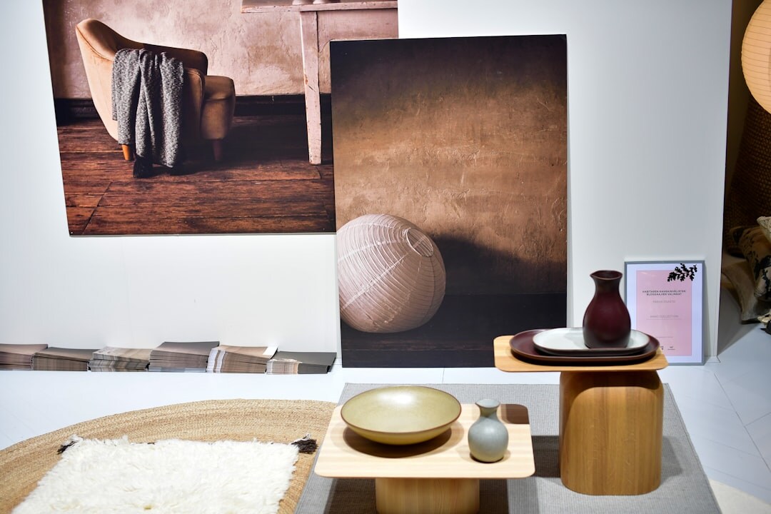 Elegant minimalist boutique interior with wood and brass displays